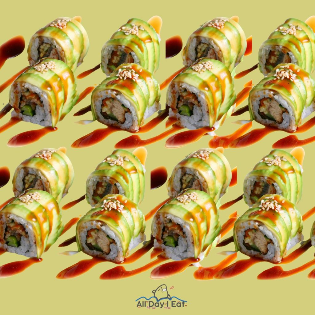 A group of sushi rolls with sauce on them.