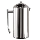 A stainless steel french press coffee pot on a white background.