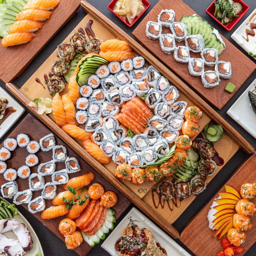 A set of Japanese food creations lies on a table.