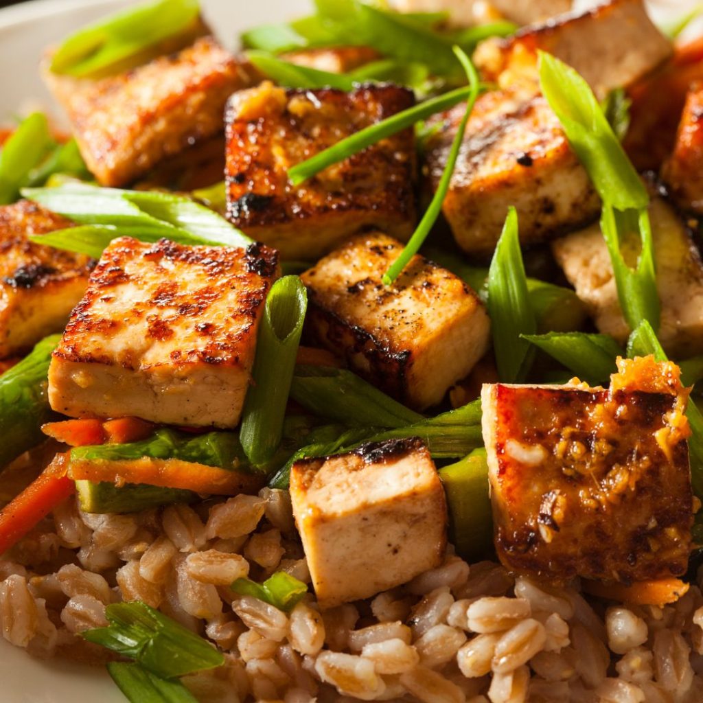 Bite-sized pieces of Japanese tofu lie on a cup of rice on a plate.