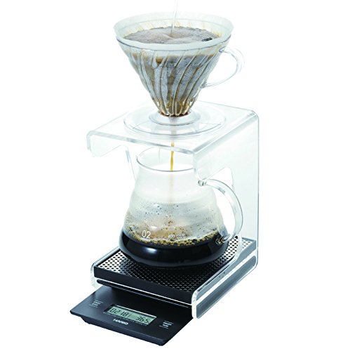 A Hario V60 coffee maker with a cup of coffee on top.