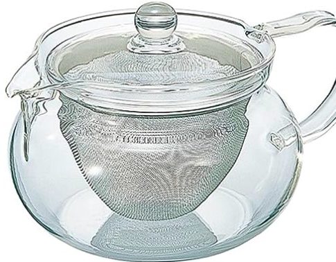 Hario Chacha teapot with a mesh strainer.