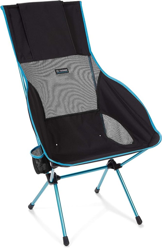 Helinox Savanna Chair Review. A black and blue folding chair with a mesh seat.