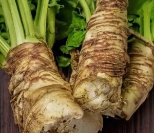 A close up of radishes on a wooden table.