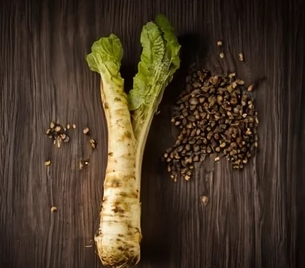 Leeks and seeds on a wooden table.