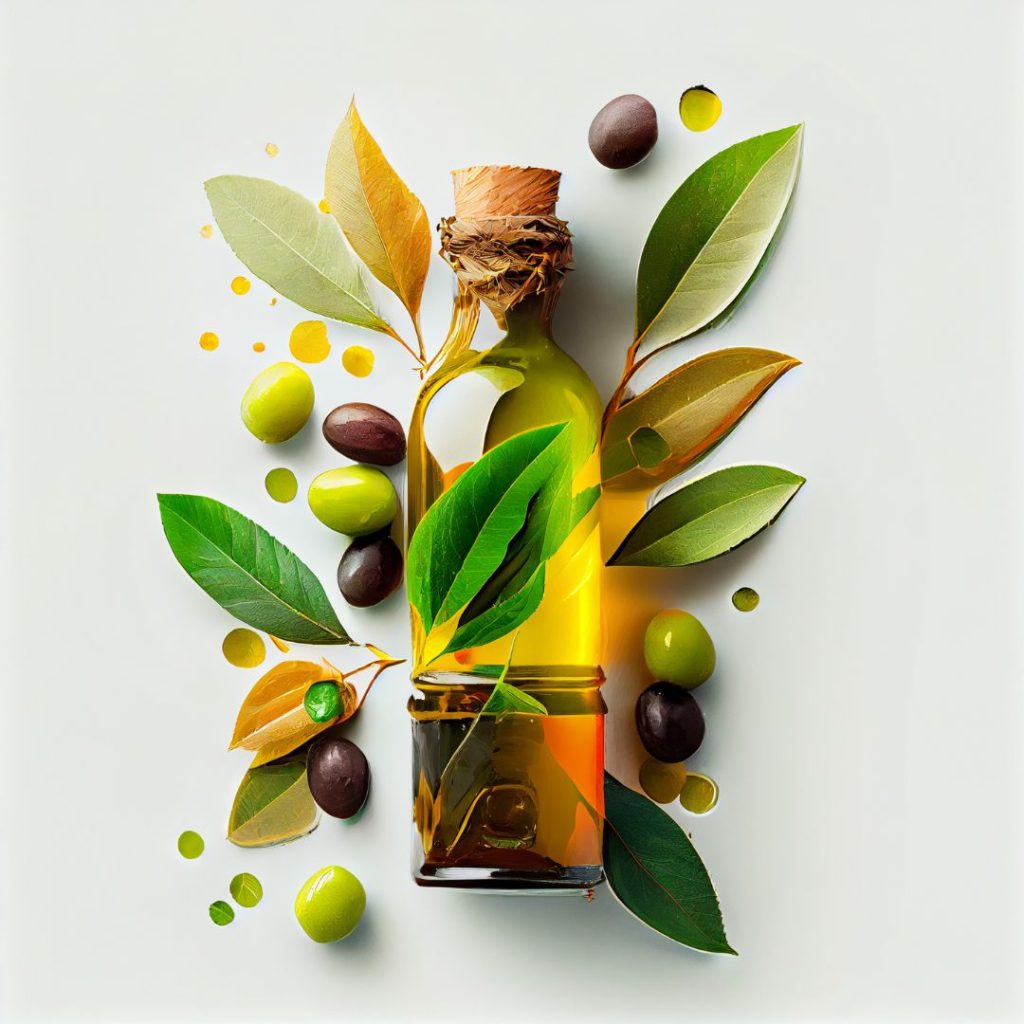 Olive oil gets surrounded by leaves.