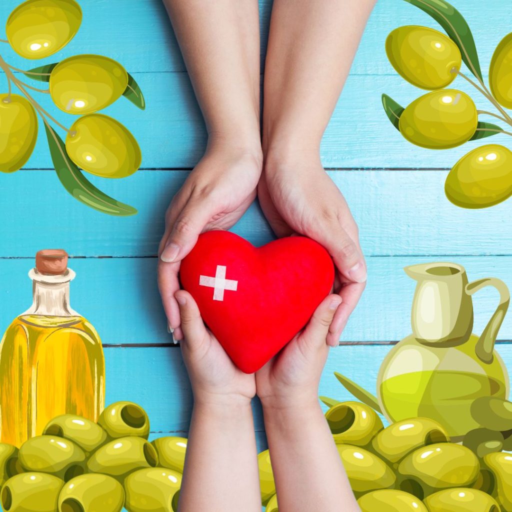 Olives and olive oils surround a stuffed toy heart held by two pairs of hands.