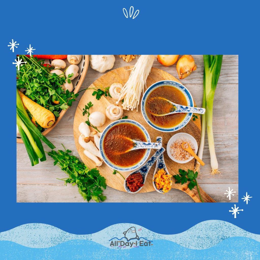 A picture of a bowl of miso soup on a blue background.