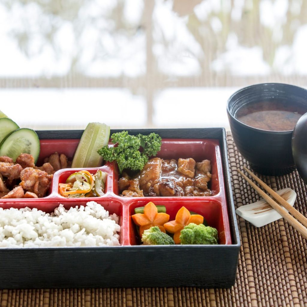 japanese bento box with miso soup