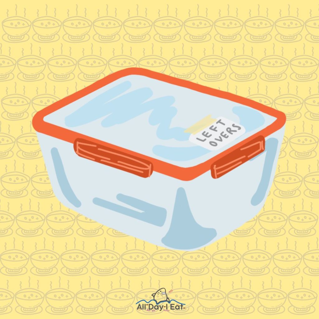 An image of a lunch box with a label on it, containing reheated miso soup.