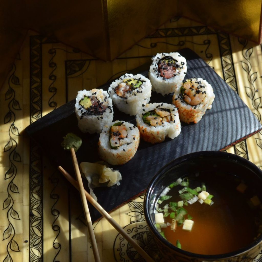 sushi with miso soup