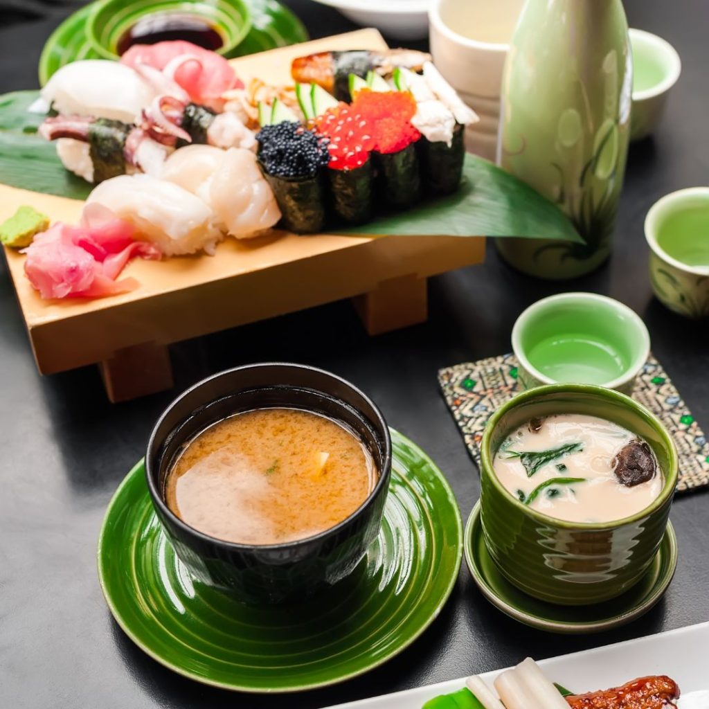 sushi with miso soup