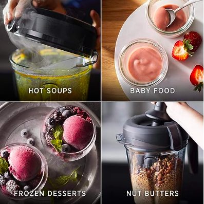 A series of photos showing how to make smoothies in a blender using a Vitamix.