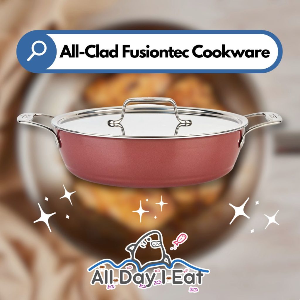 A graphic All-Clad Fusiontec cooking pan displayed on a blurred photo. (All-Clad Fusiontec Review)