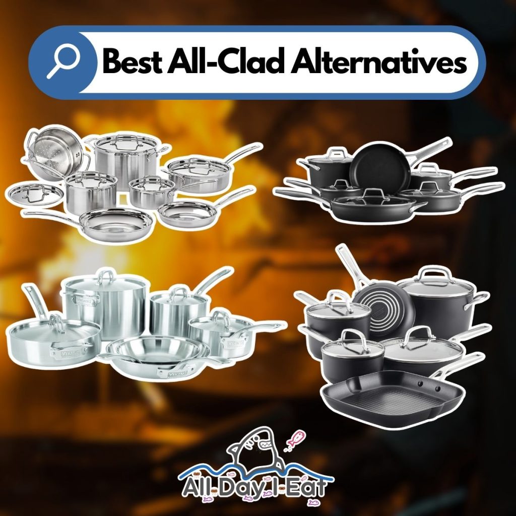 A graphic shows All-Clad alternatives cookware laid out on a blurred background. (Best All-Clad Alternatives)