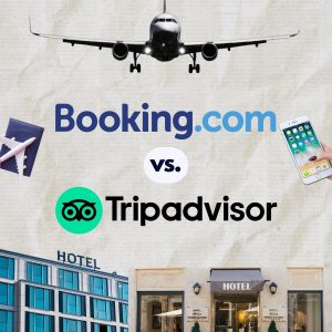 A graphic shows the Booking.com and Tripadvisor logos laid out on a paper background, along with hotel, passport, and phone photos.