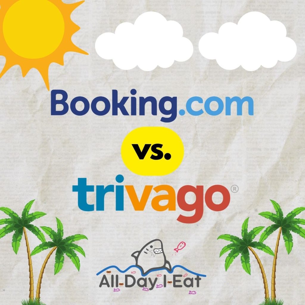 A graphic shows the Booking.com and Trivago logos laid out on a paper background with palm trees, clouds, and a son.