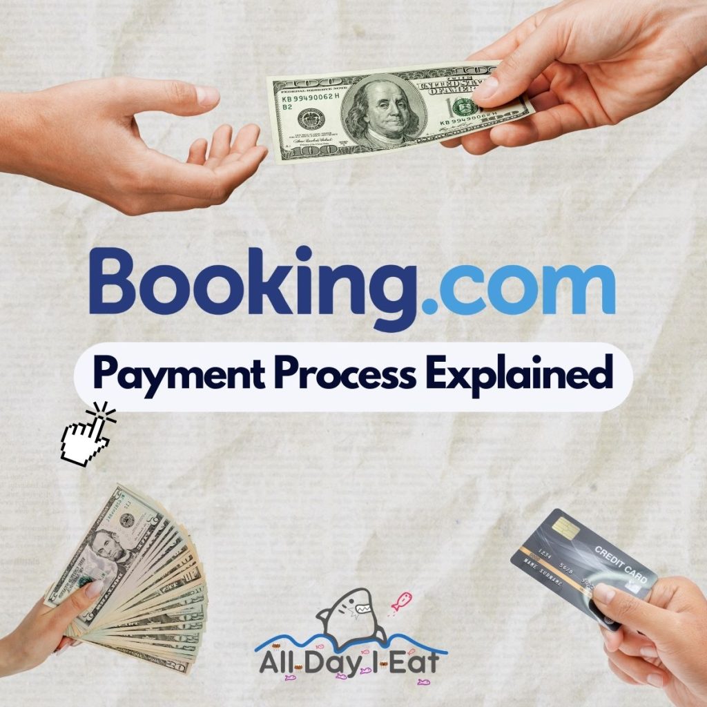 A graphic shows the Booking.com logo along with bills and a credit card on a paper background. (Does Booking.com charge immediately)