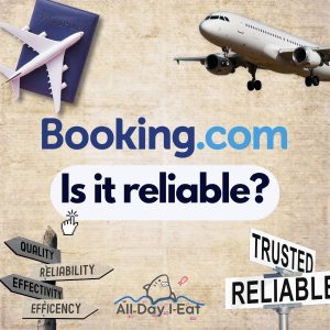 A graphic shows the Booking.com logo and bills and coins on a paper background.