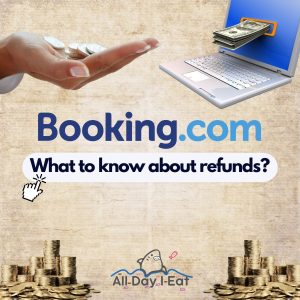 A graphic shows the Booking.com logo and bills and coins on a paper background. (Can You Get a Refund From Booking.com?)