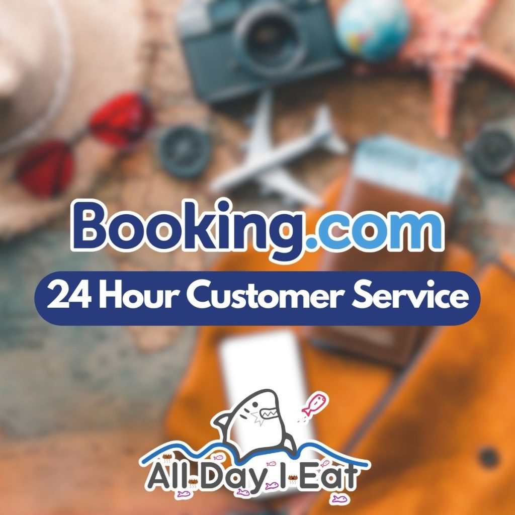 A graphic shows the Booking.com logo laid out on a blurred picture. The photo represents the answer to the question "Does Booking.com Have 24 Hour Customer Service?"