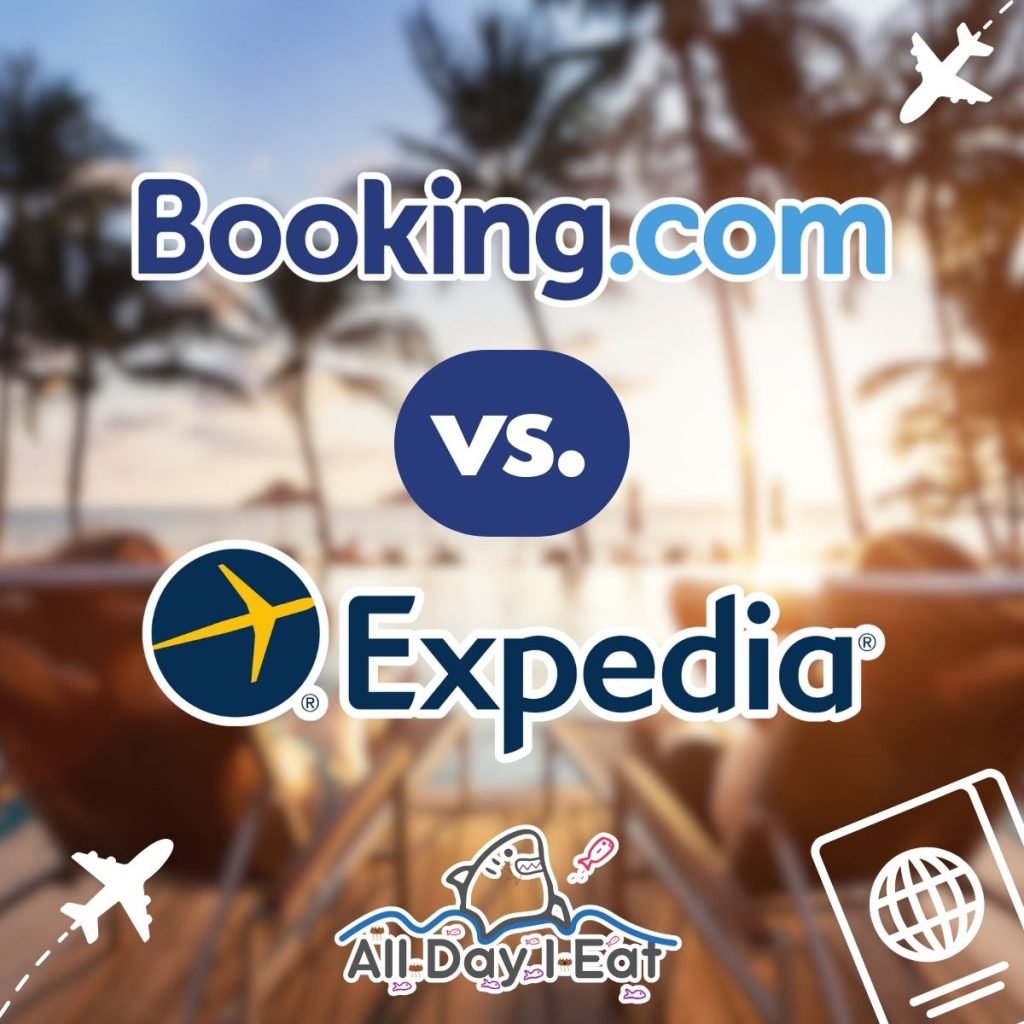 A graphic shows the Expedia vs Booking.com texts on a blurred picture and the All Day I Eat logo.