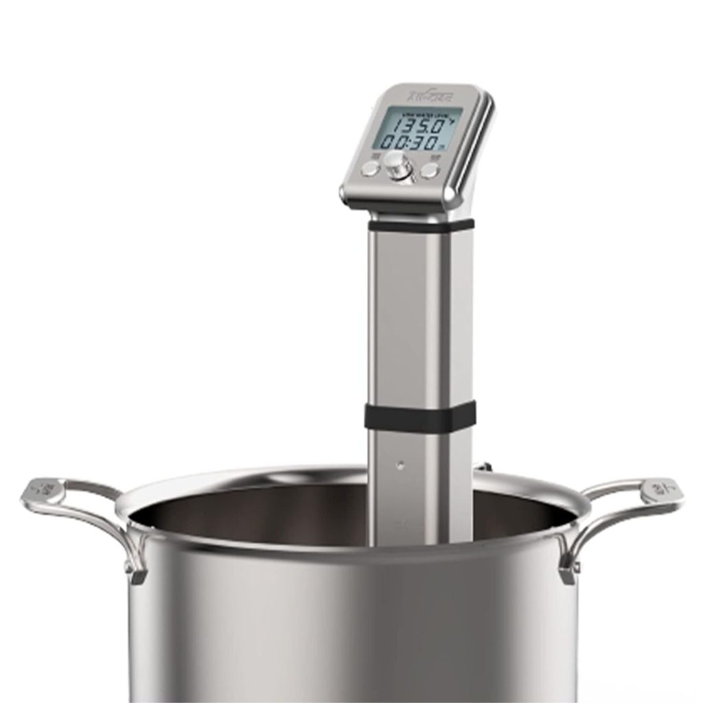 An All-Clad Sous Vide Immersion Circulator is inside a steel pan. (Photo courtesy of Amazon/All-Clad Sous Vide review)