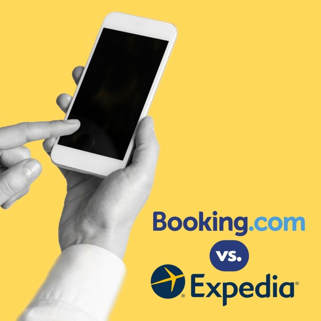 A graphic represents the Expedia vs Booking.com competition on a yellow background, along with a pair of hands holding a white phone.