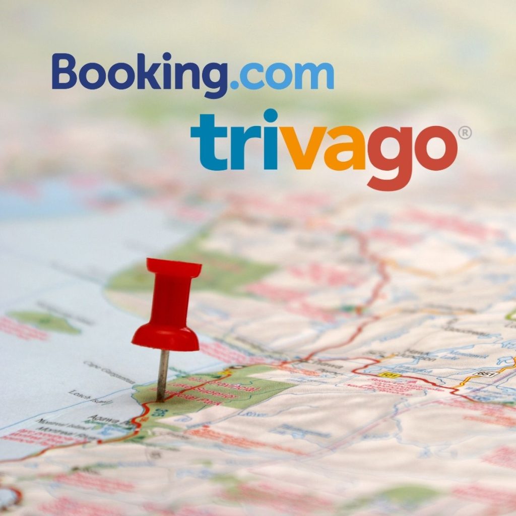 The Booking.com and Trivago logos are shown on a map photo. (ADIE Article: Booking.com vs. Trivago)