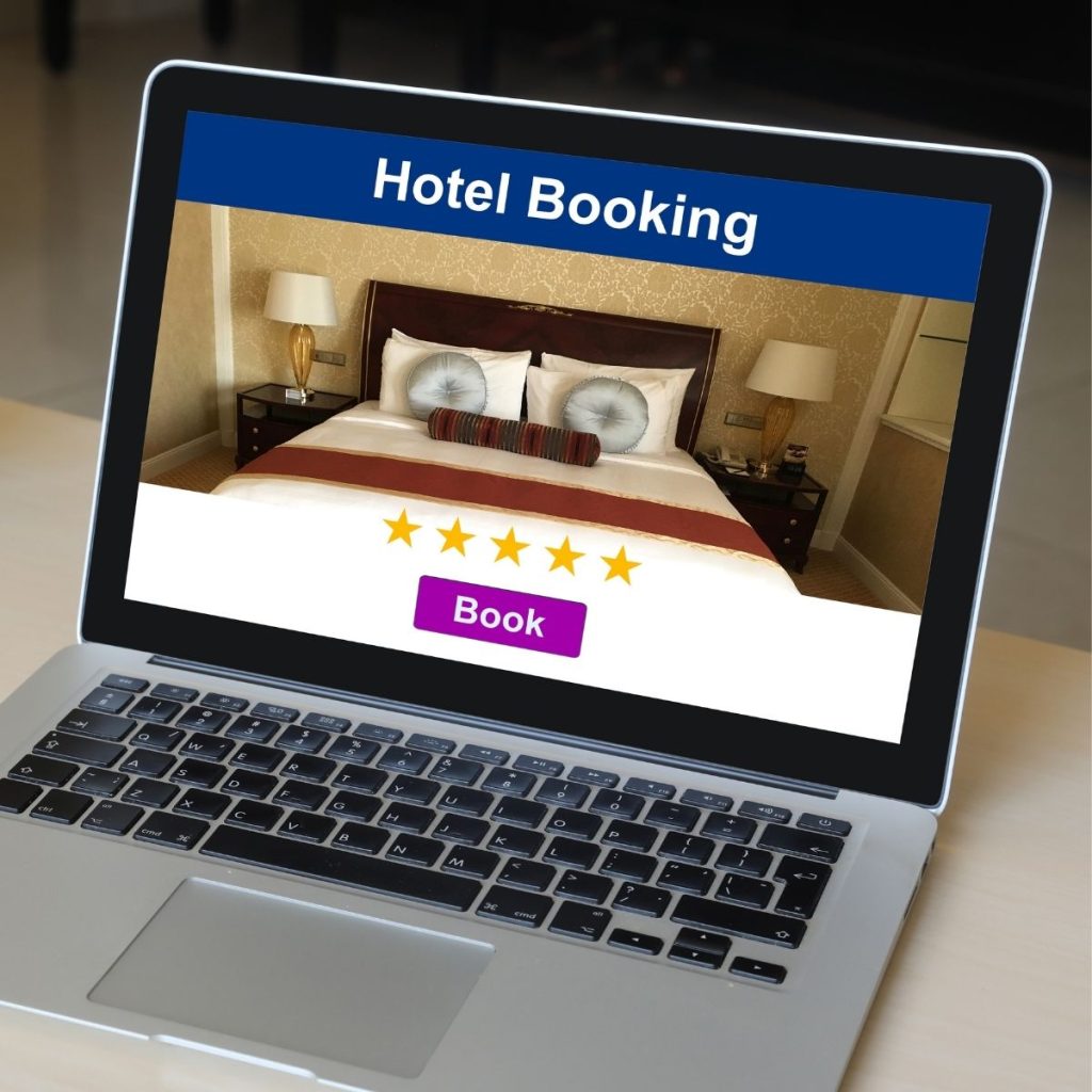 A computer shows an image of a hotel bed with the text "Hotel Booking" and a five-star rating.