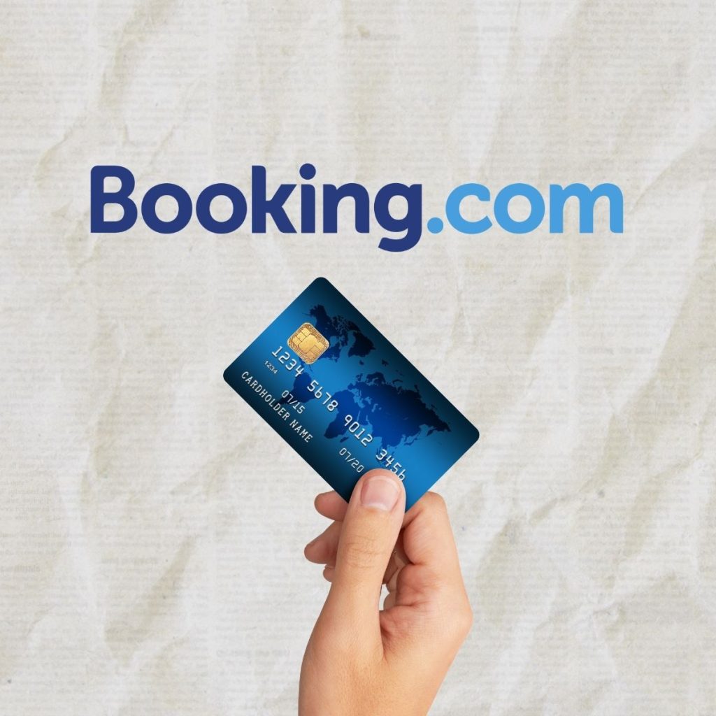 A graphic shows the Booking.com logo and a credit card, representing the Booking.com payment process via credit card. (Does Booking.com charge immediately)