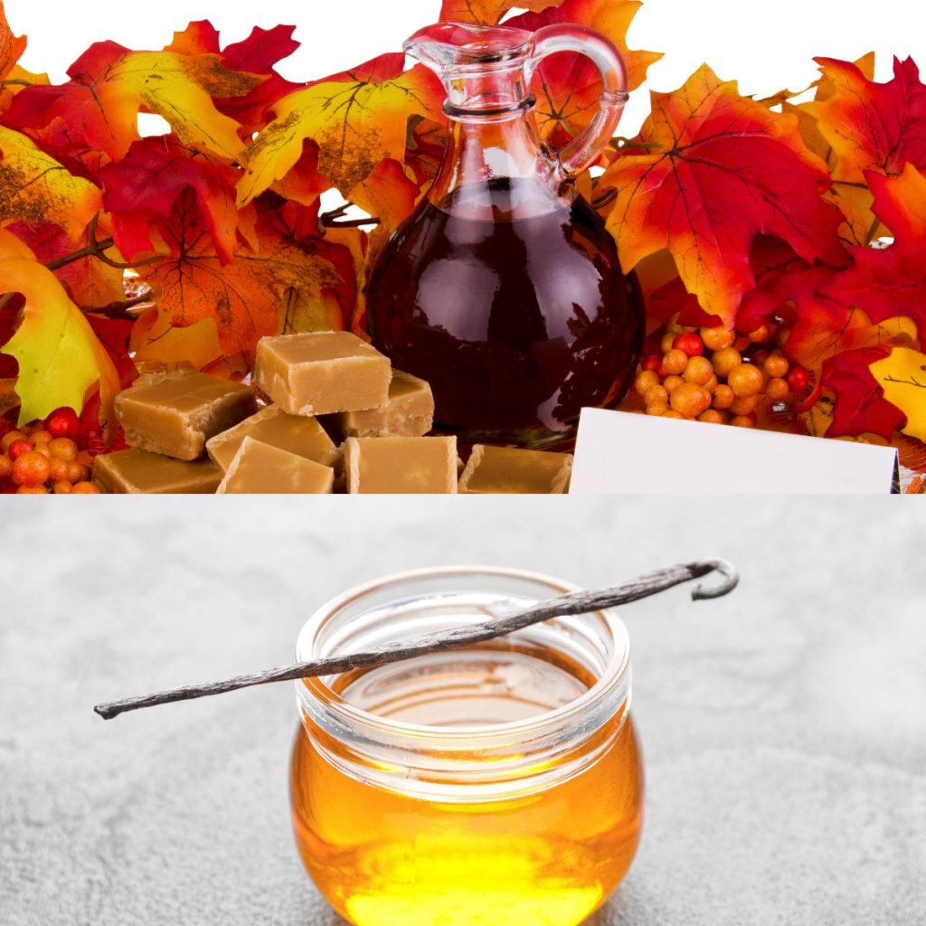 A pitcher of maple syrup and a small jar of vanilla extract are merged in one frame.