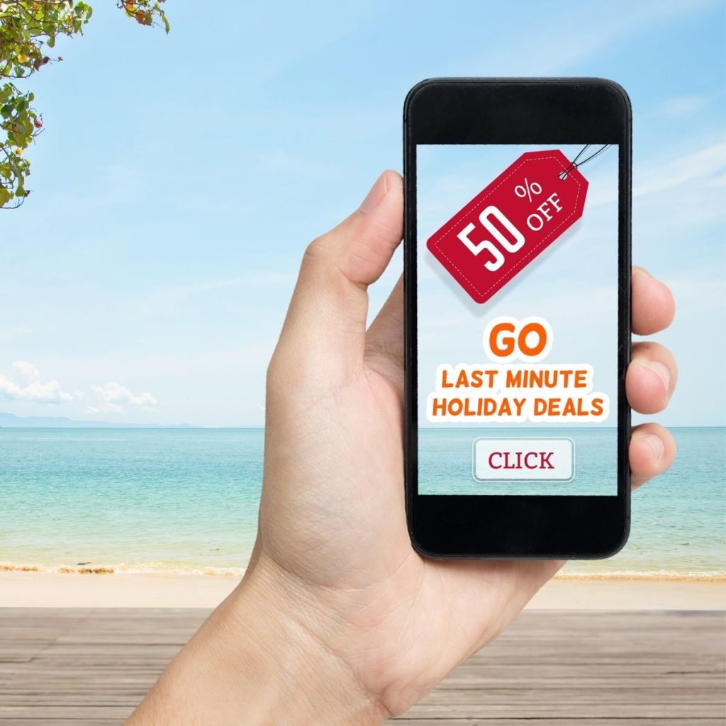 A hand cradles a phone, revealing a 50% discount on a travel platform.