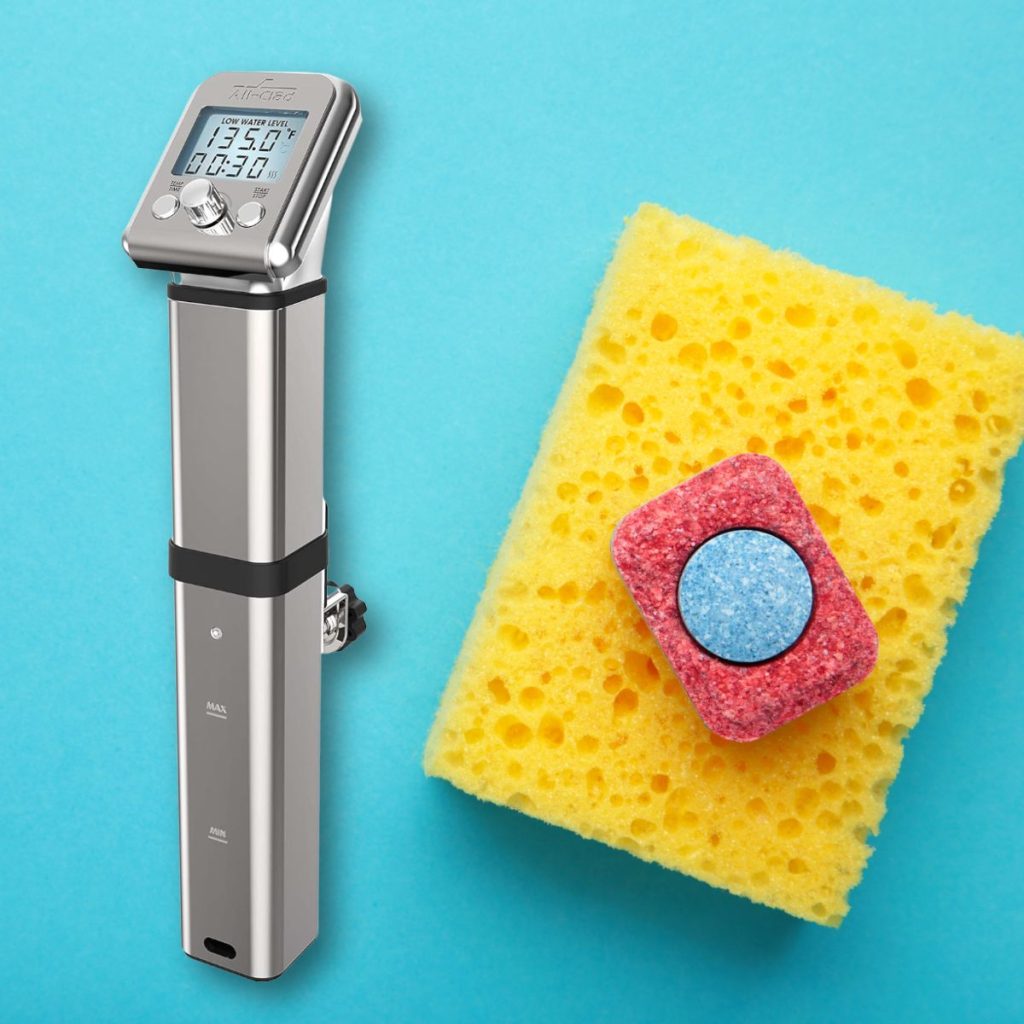 A graphic shows an All-Clad Sous Vide Immersion Circulator and a sponge side-by-side. (All-Clad Sous Vide Review)