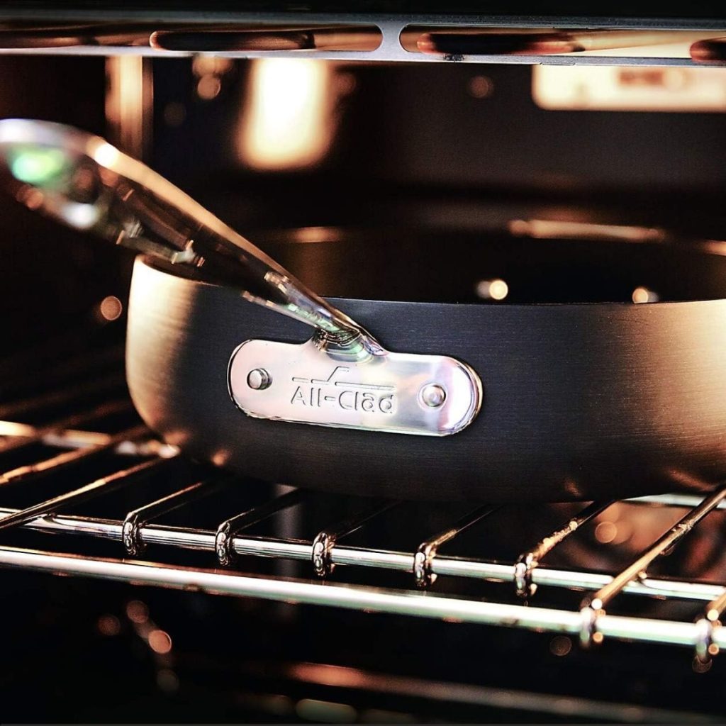 An All-Clad Hard Anodized pan was placed inside an oven for heating. (Photo courtesy of Amazon)