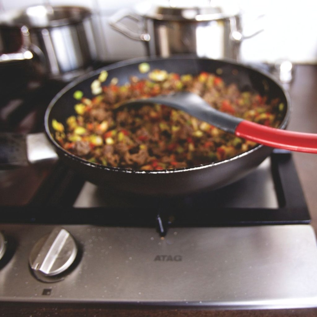 Food is cooked on a nonstick pan.