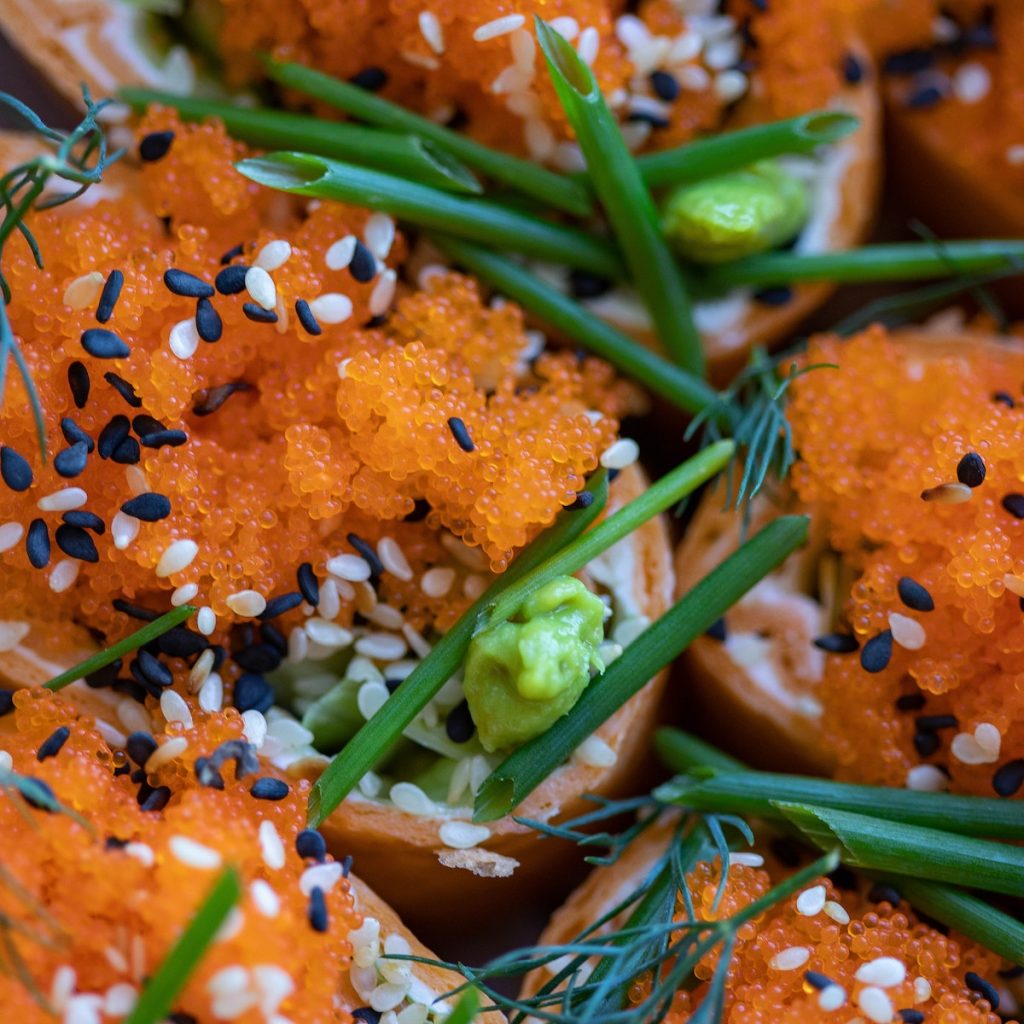 Asian food with black and white sesame seeds