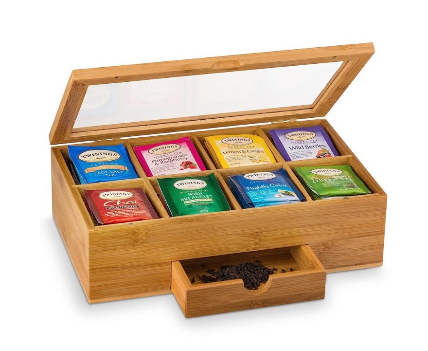 a Bamboo Tea Box Organizer filled with tea bags