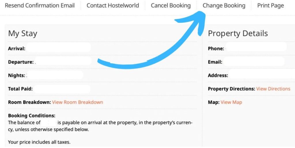 Hostelworld Change booking tab