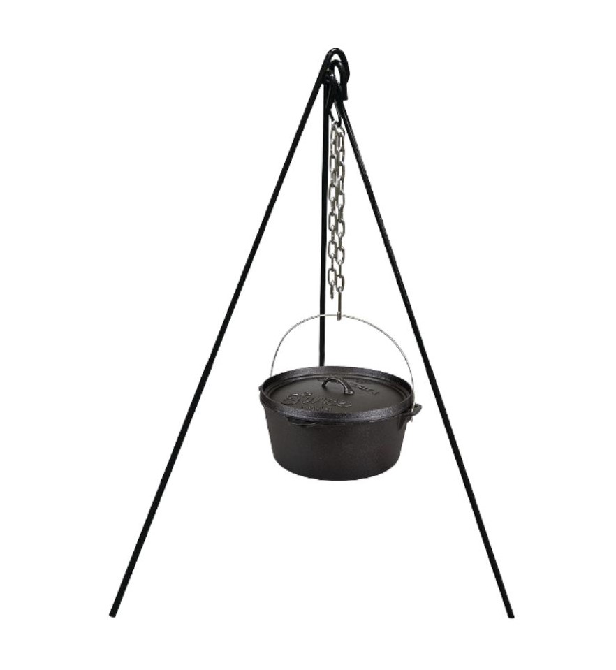 a cooking tripod with a pot