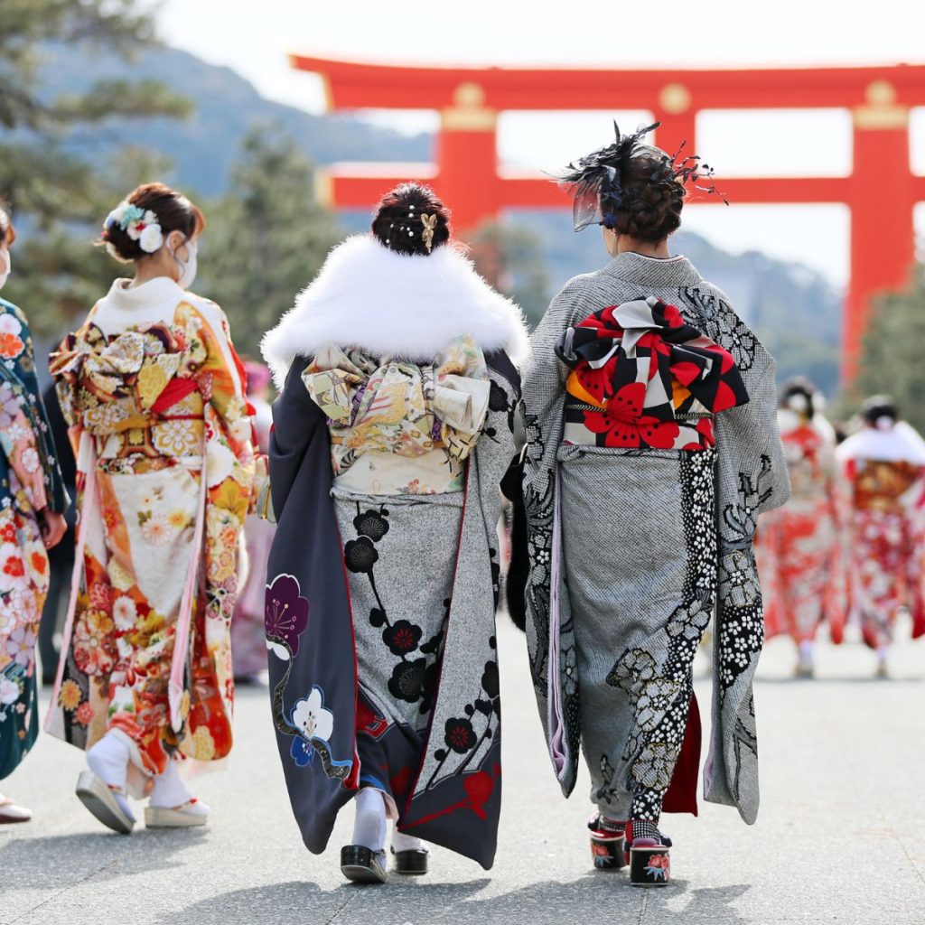 Japanese in their cultural kimono dress