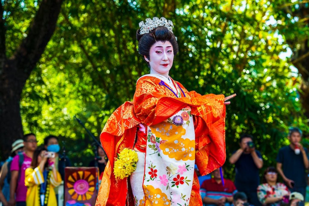 woman in red kimono dancing