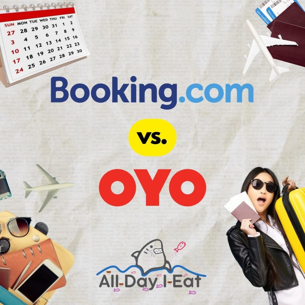 A graphic shows the Booking.com and OYO logos laid out on a paper background with palm trees, clouds, and a son.