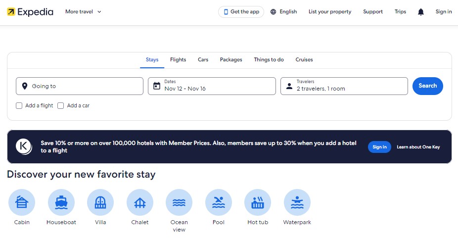 Tripadvisor Vs Expedia featuring Expedia Home Page