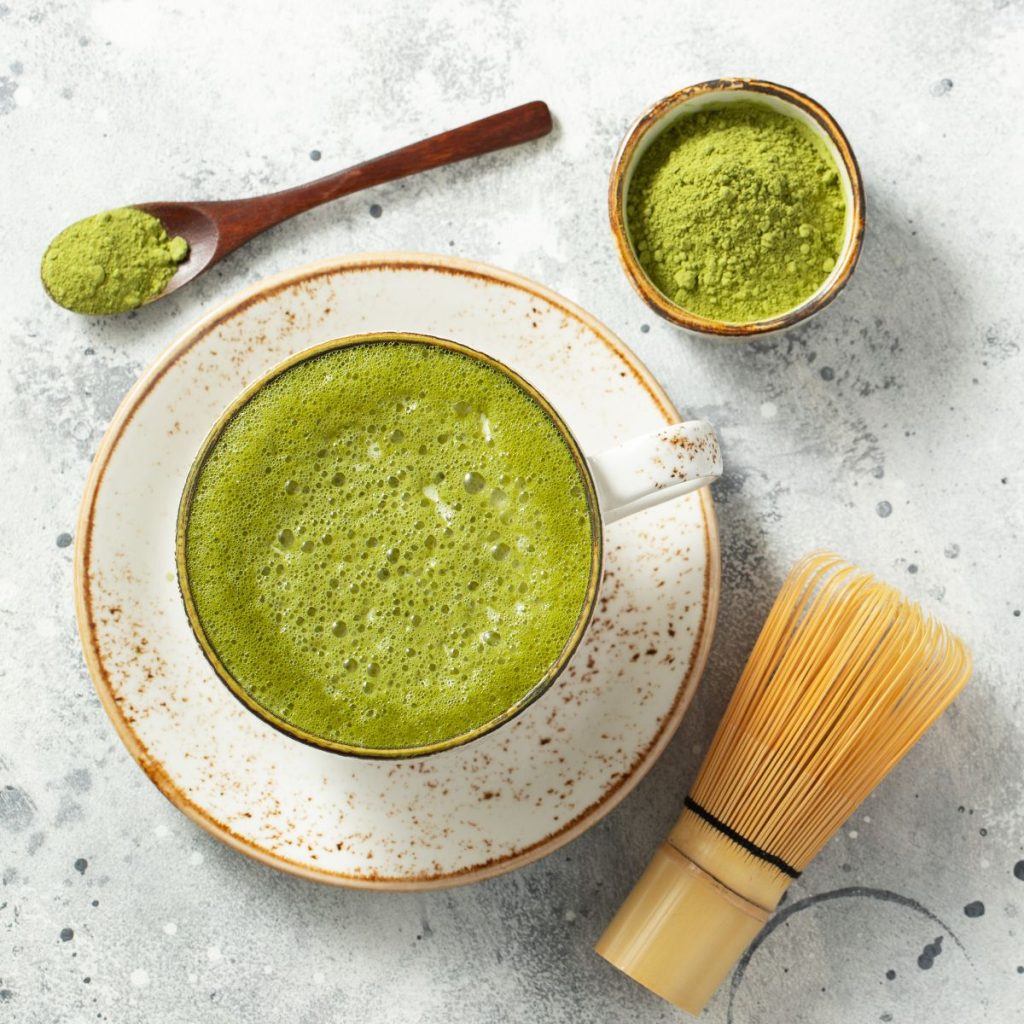 Matcha green tea latte in a cup