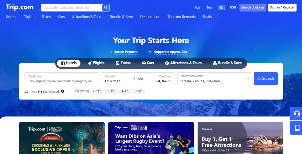 Trip.Com Vs Mytrip featuring Trip.com website home page