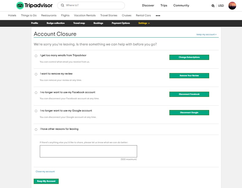 how to delete tripadvisor account Tripdvisor Account Closure Page