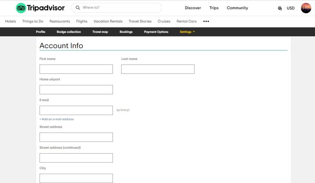 how to delete tripadvisor account Tripdvisor Account Info Page