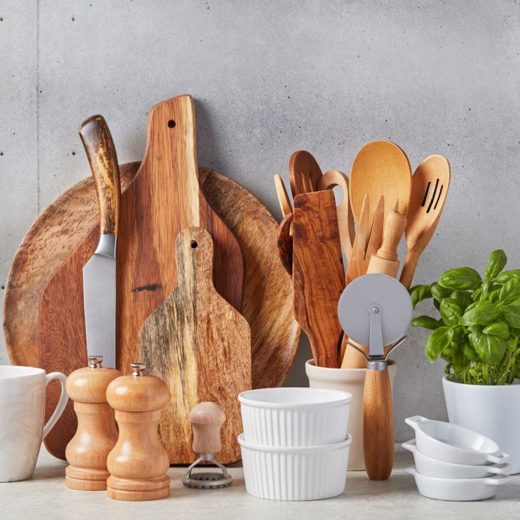 Set of wooden kitchen utensils made from olive wood Stock Photo