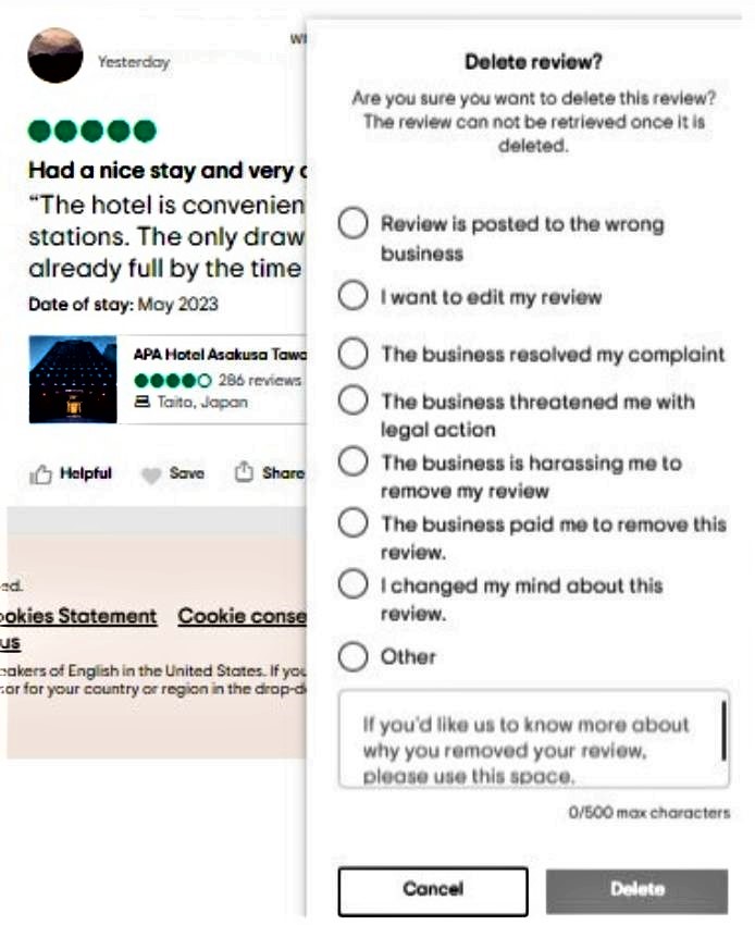 how to delete tripadvisor review confirming review deletion